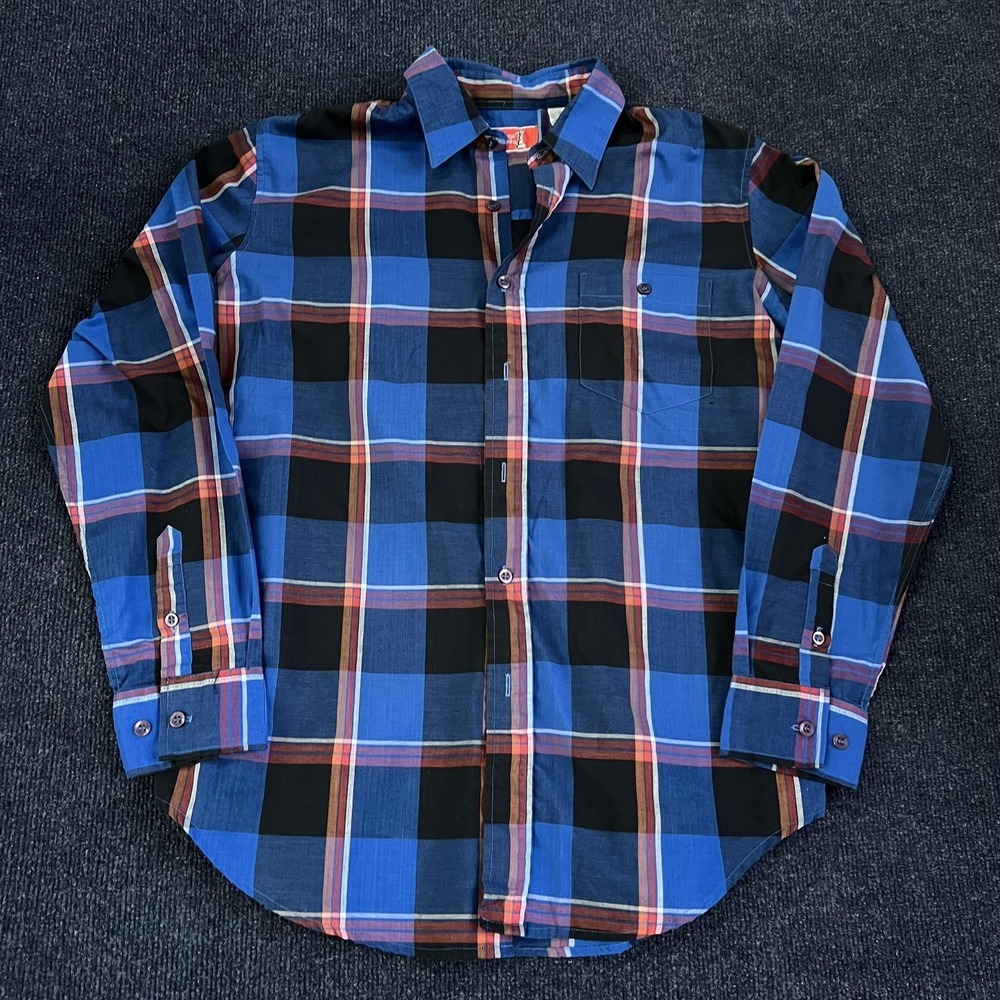Vintage 90s King's Crown Shirt Mens Medium Blue Plaid Long Sleeve Button Up
